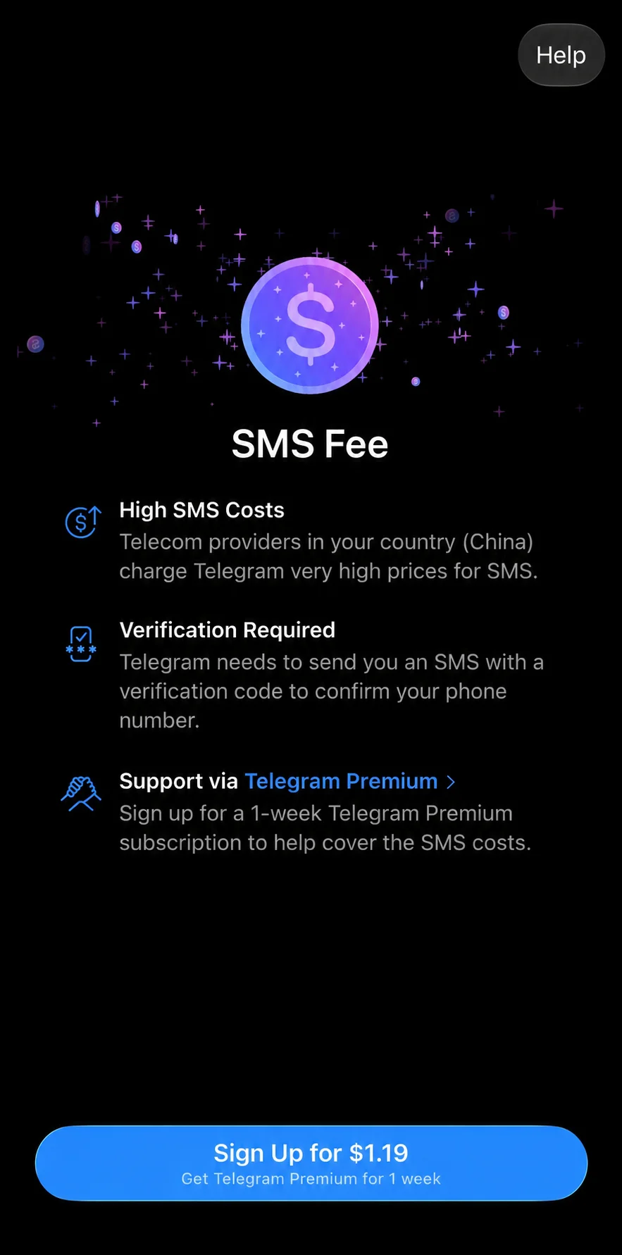 GetTGAPI illustration of a Telegram SMS Fee prompt showing high SMS costs for China and a one-week Premium option